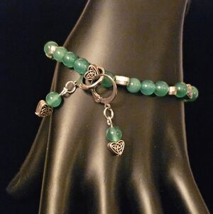 Green Beaded  Bracelet with Celtic Hearts And Matching Earrings
